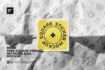 Free Square Sticker On Paper Bag Mockup