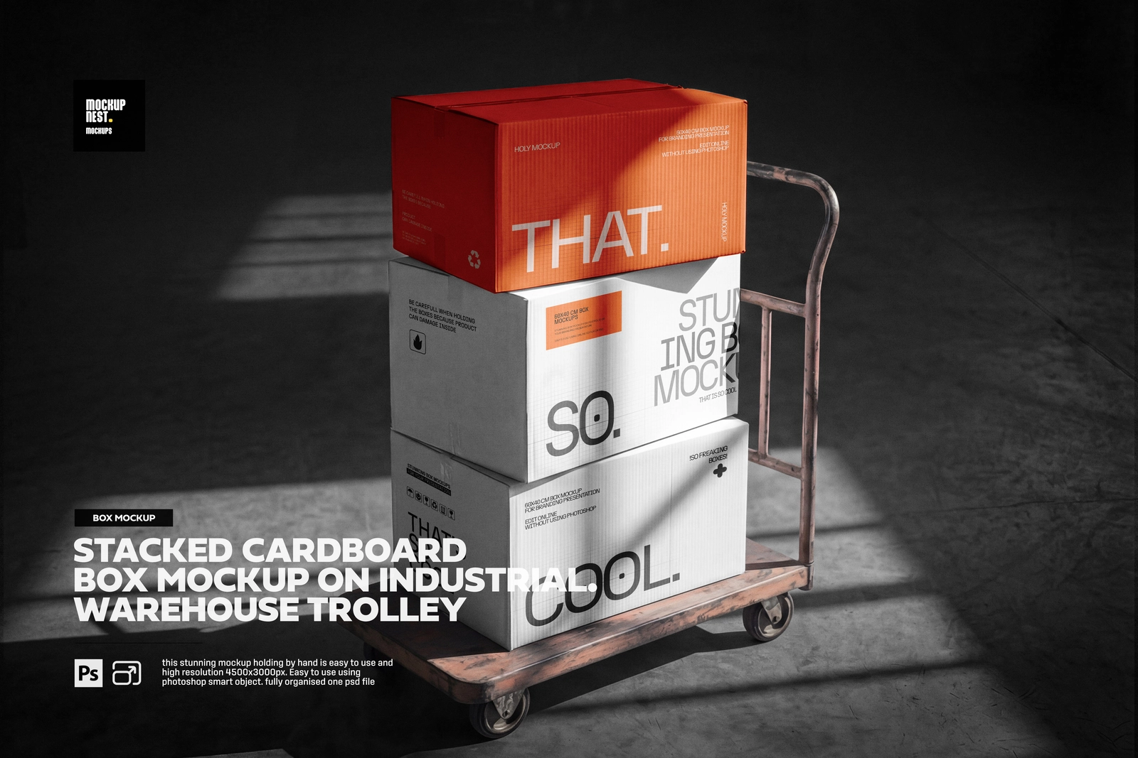 Stacked Cardboard Box Mockup on Industrial Warehouse Trolley