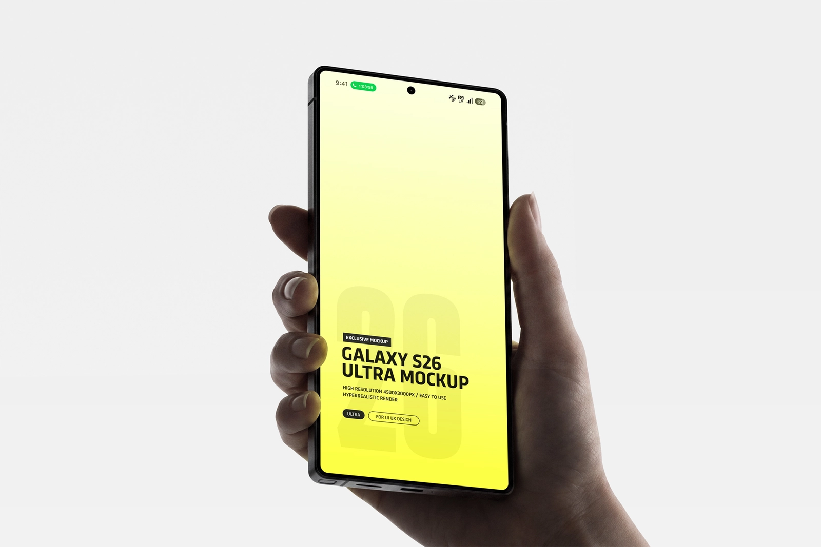 Samsung Galaxy S26 Ultra Mockup Held in Hand Minimal Background