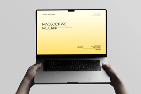 Free Macbook Pro Holding By Hand Mockup Front View