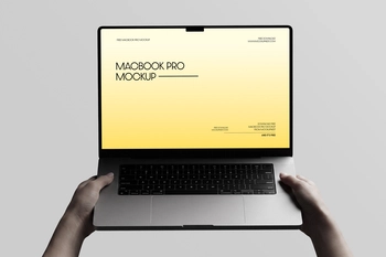Free Macbook Pro Holding By Hand Mockup Front View