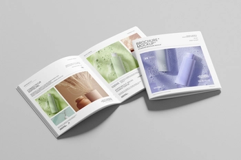 Angled Square Brochure Mockup with Open Pages Perspective