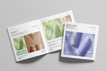 Square Brochure Mockup Front View with Open Spread