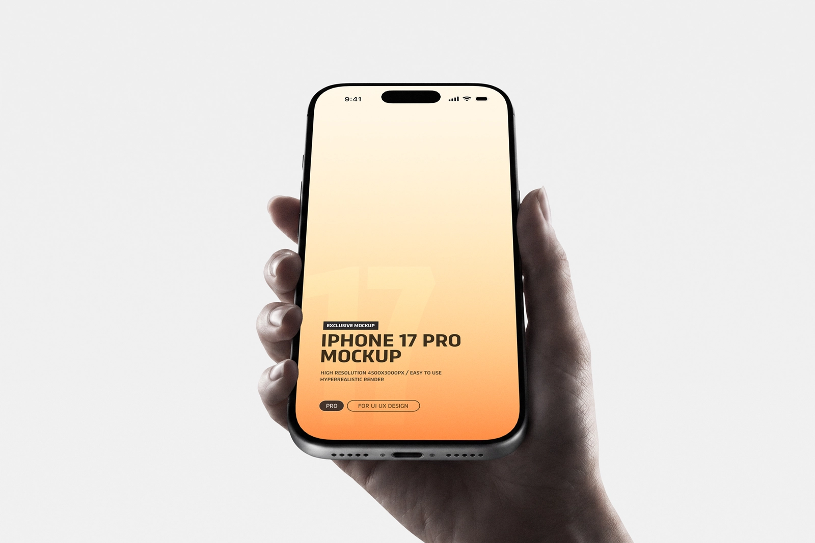 Free Hand Held iPhone 17 Pro Mockup on Minimal Background